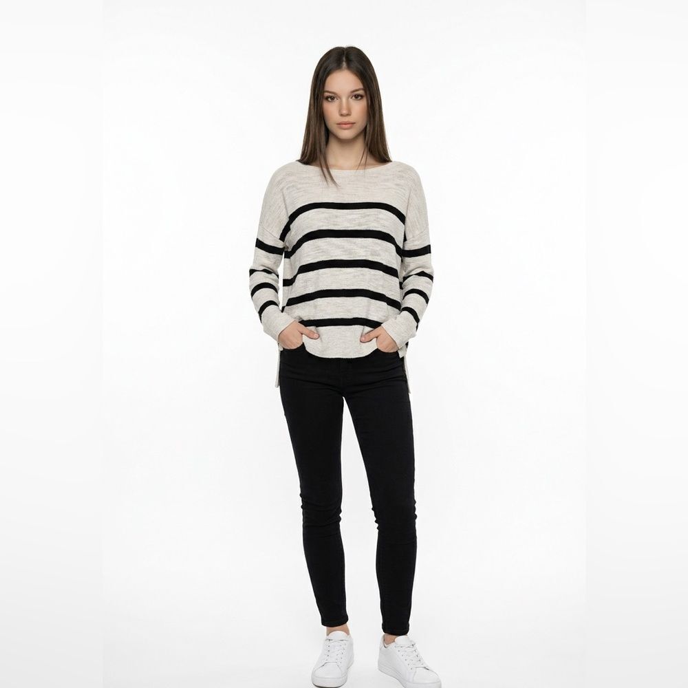 Loft ivory and black striped cotton blend sweater EUC size small
